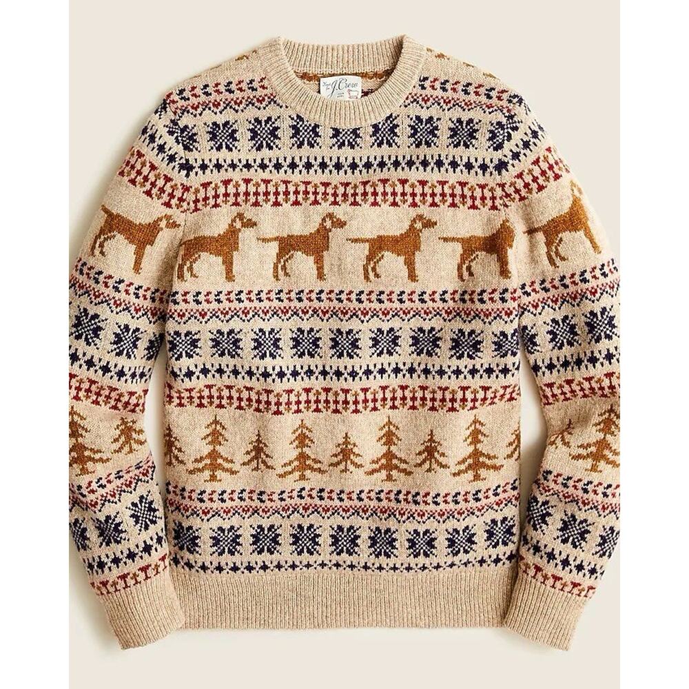 J Crew Mens Fair Isle Dog 100% Wool Sweater Size Small Retriever Snowflake Trees